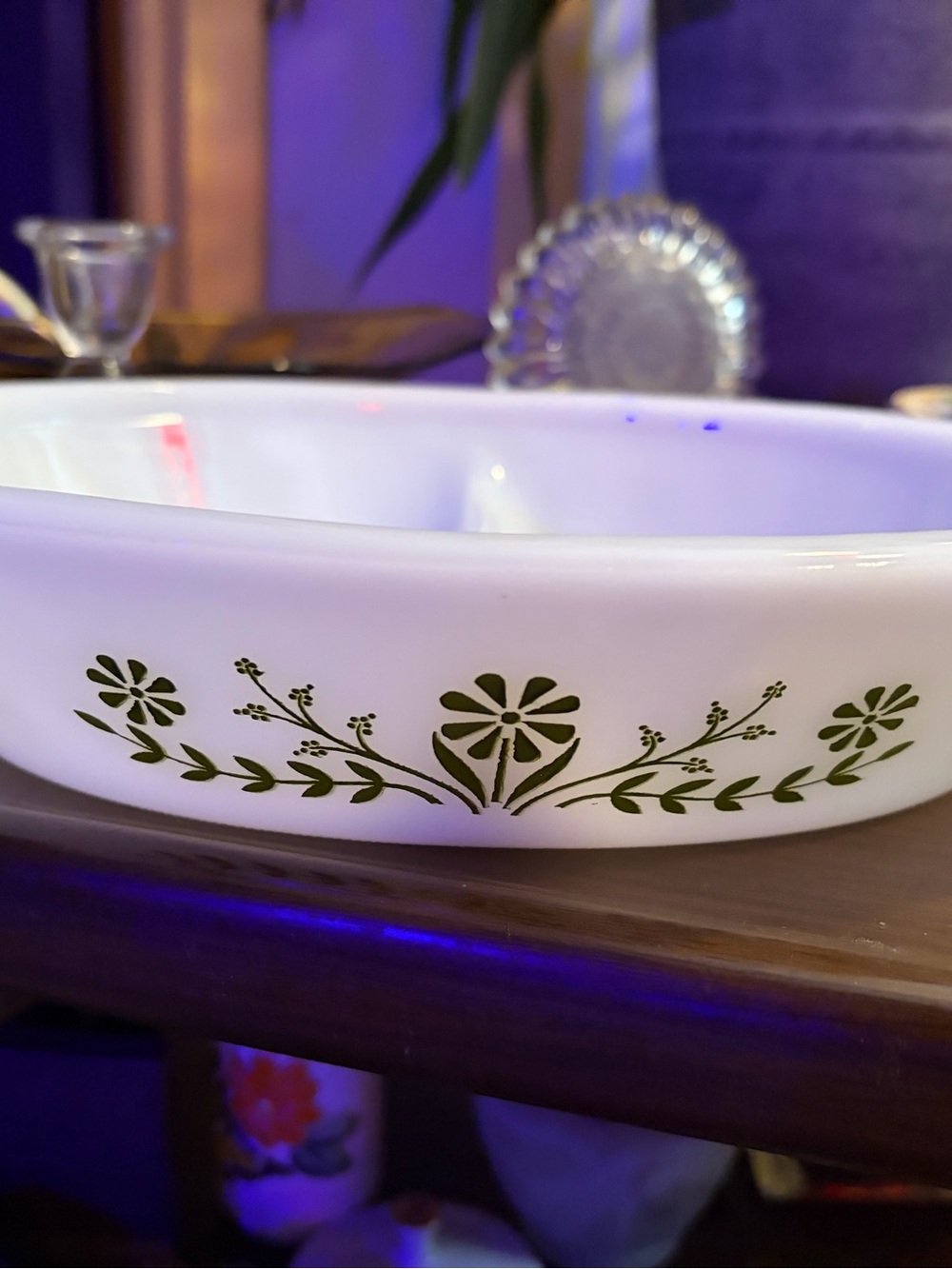 Mid Century Glasbake J-2352 Green Flower Divided Baking Dish Milk Glass